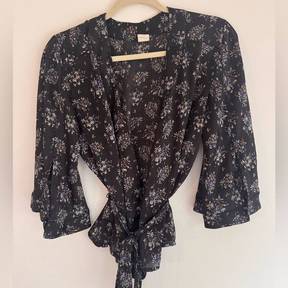 Wild Pearl Black Floral Wrap Blouse